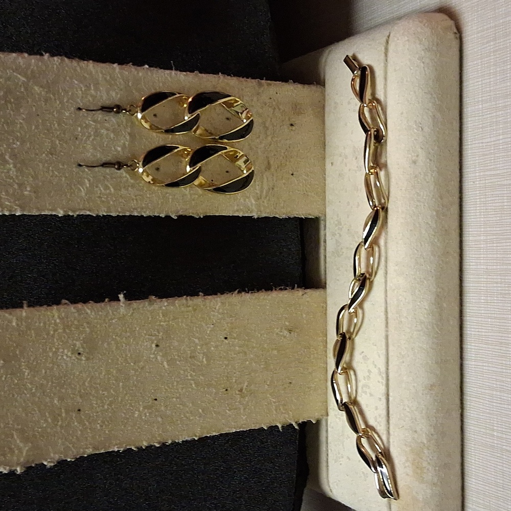 Trifari Gold and Black Twisted Earrings and Bracelet Set